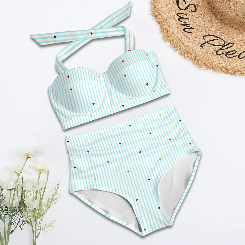 heart on stripes print light blue Women's Halter Neck Gather Chest Bikini Swimsuit (Model S53)
