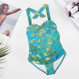 2 small blue almond art Women's Halter Neck Gather Chest Swimsuit (Model S52)