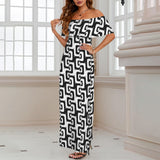 bw print Women's Off Shoulder Ruffle Boat Neck Dress (Model D71)