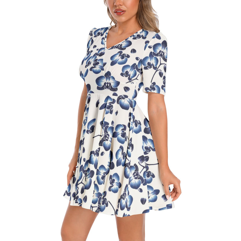 Short Sleeve Ruched Bust Flared Hem Dress