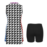 triangle black print Sleeveless Lapel Zipper Pocket Sport Dress with Shorts