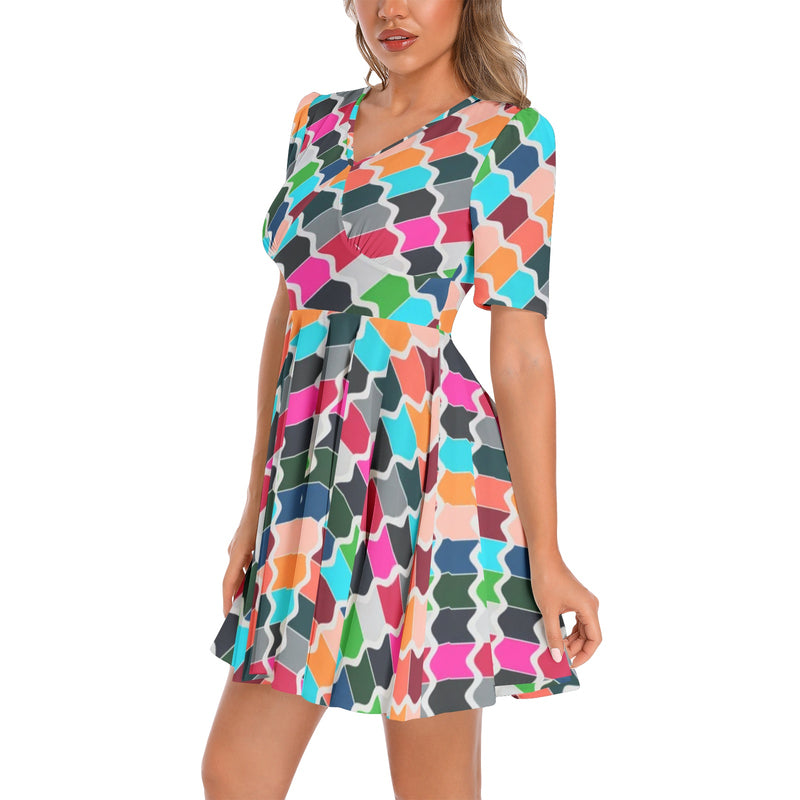 Short Sleeve Ruched Bust Flared Hem Dress