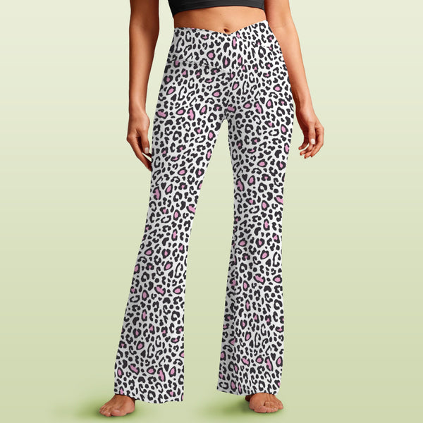 snow leopard pink accented print 2A High Waist Crossover Tummy Control Flare Leggings
