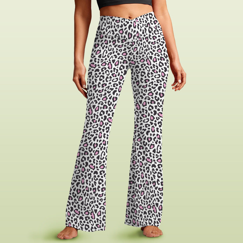 snow leopard pink accented print 2A High Waist Crossover Tummy Control Flare Leggings