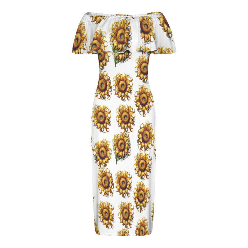 off the shoulder sunflower dress van gogh sunflower print Women's Off Shoulder Ruffle Boat Neck Dress (Model D71) 2XL