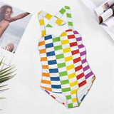 rect colored print 3A Women's Halter Neck Gather Chest Swimsuit (Model S52)