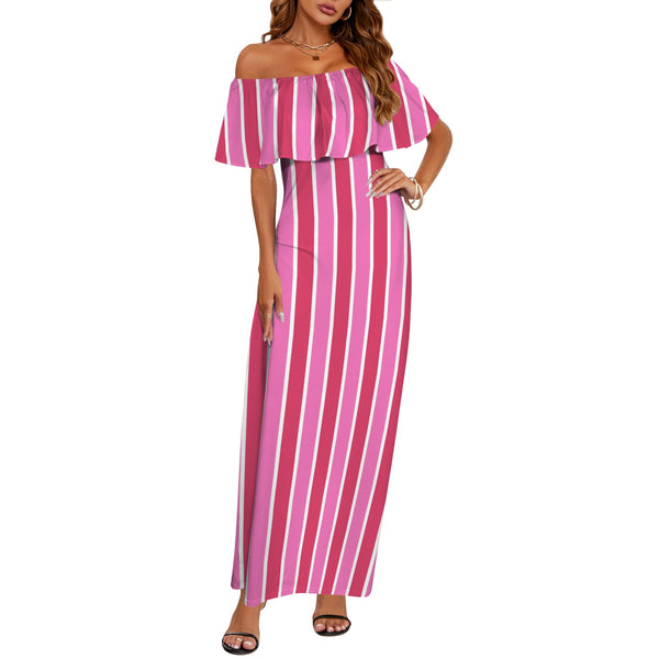 candy cane striped print Women's Off Shoulder Ruffle Boat Neck Dress (Model D71)