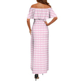 pink gingham print Women's Off Shoulder Ruffle Boat Neck Dress (Model D71)