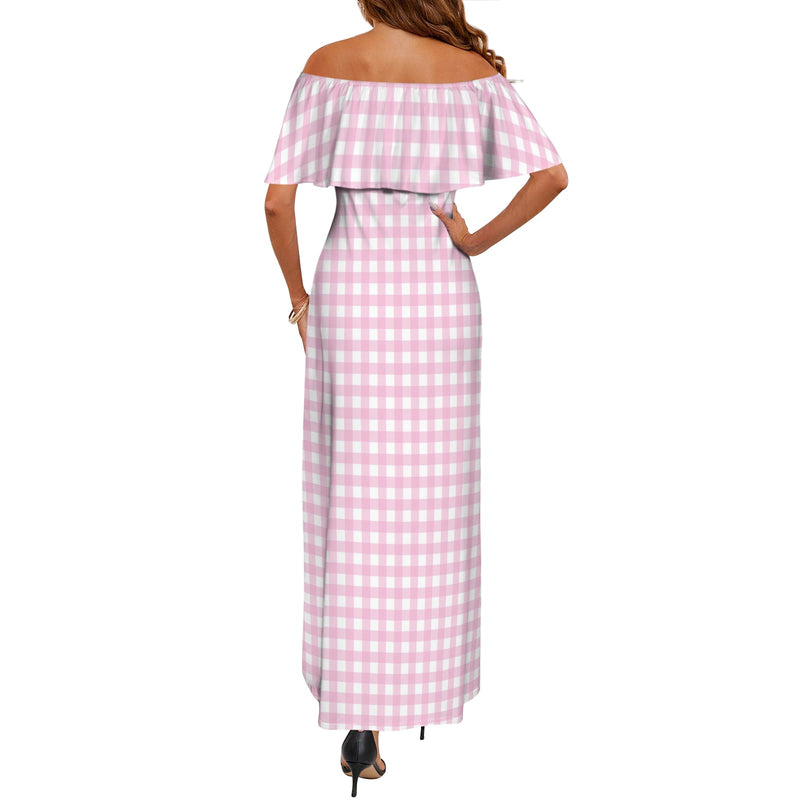 pink gingham print Women's Off Shoulder Ruffle Boat Neck Dress (Model D71)