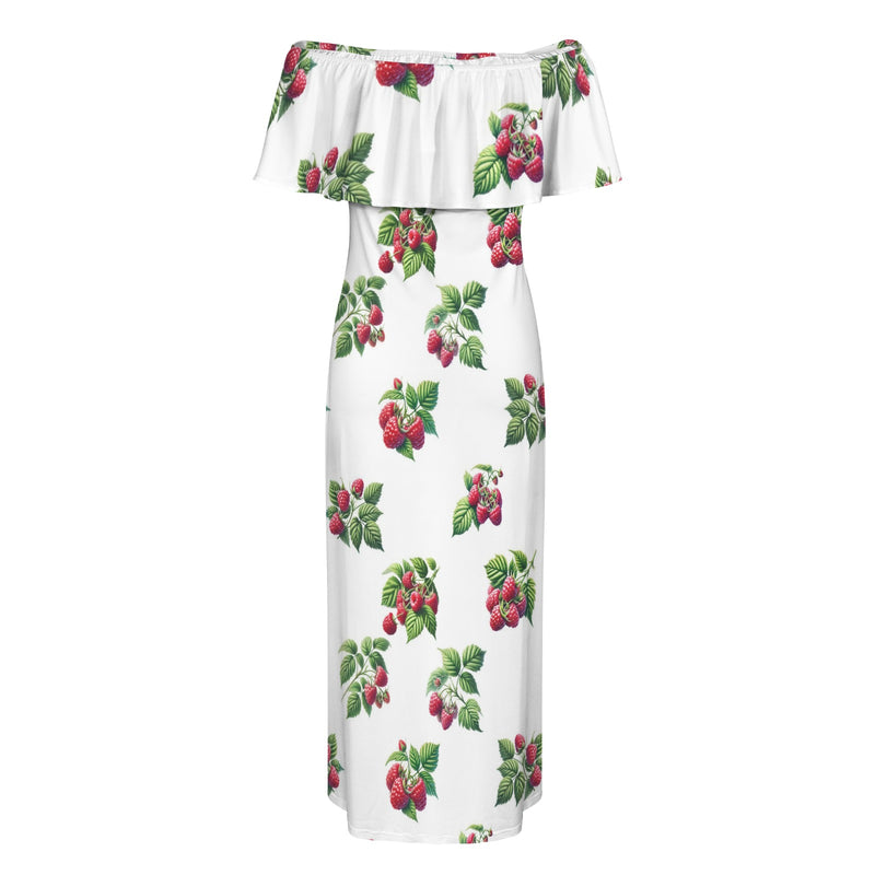 raspberry print sneakers Women's Off Shoulder Ruffle Boat Neck Dress (Model D71)