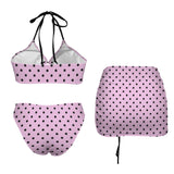 pink polka dot print Drawstring Halterneck Three-Piece Swimsuit Skirt