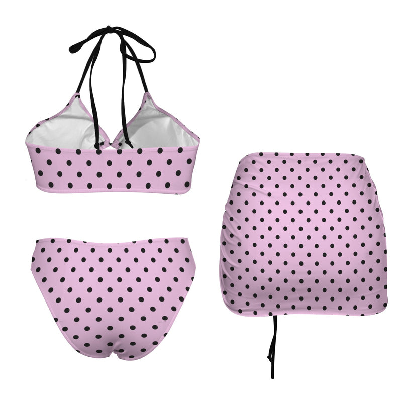 pink polka dot print Drawstring Halterneck Three-Piece Swimsuit Skirt