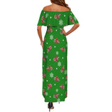 bright xmas candy cane print 5B Women's Off Shoulder Ruffle Boat Neck Dress (Model D71)