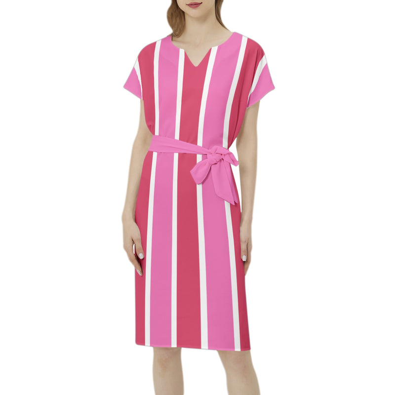 Betwing Seleeve Notch Neck Casual Dress with Belt