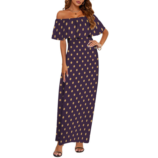 bronze polka dot on purple print Women's Off Shoulder Ruffle Boat Neck Dress (Model D71)