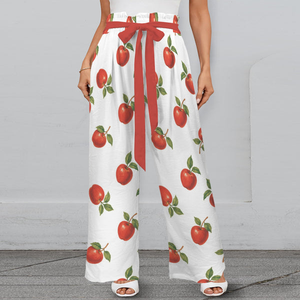 apple solid print Strappy Elastic Waist Wide Leg Pants with Pockets