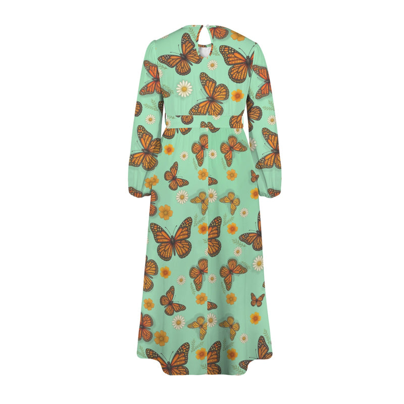 Butterfly Round Neck Long Sleeve Belted Maxi Dress