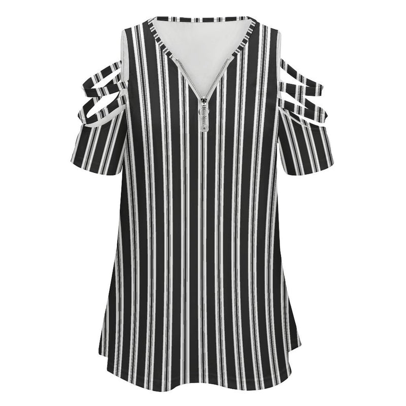 Women&#039;s Off Shoulder Zip V-Neck Tunic BE zip off shoulder top