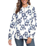 white iris print Women's Long Sleeve Polo Shirt (Model T73)