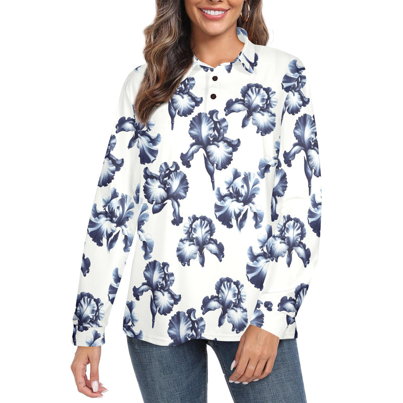 white iris print Women's Long Sleeve Polo Shirt (Model T73)