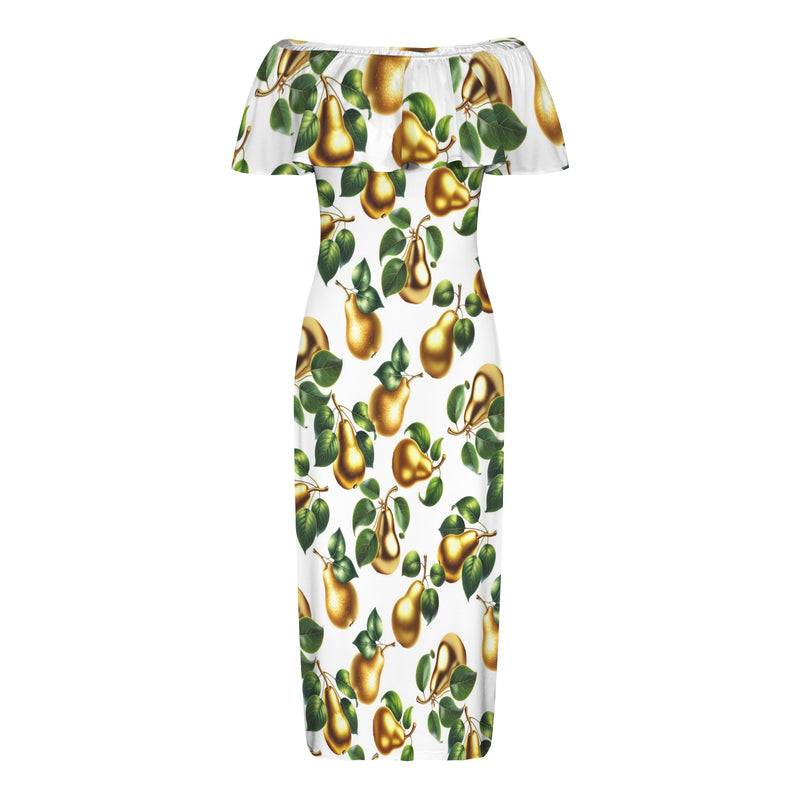 golden pear print 2 Women's Off Shoulder Ruffle Boat Neck Dress (Model D71)