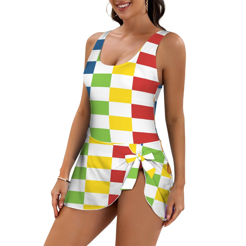 rect colored print 3A Women's One Piece Skirted Swimsuit (Model S54)