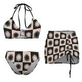 solar grid print Drawstring Halterneck Three-Piece Swimsuit Skirt