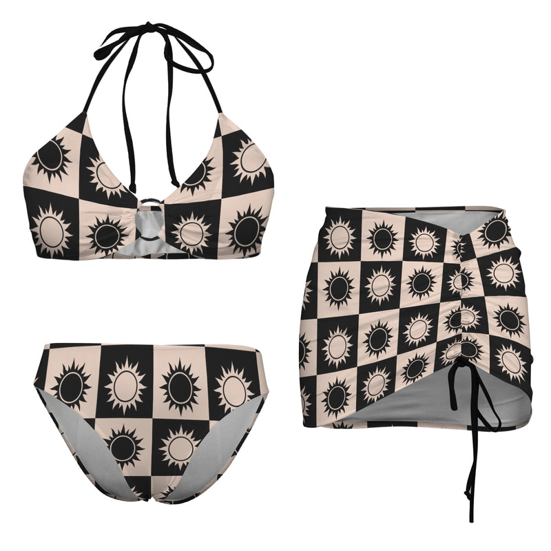 solar grid print Drawstring Halterneck Three-Piece Swimsuit Skirt