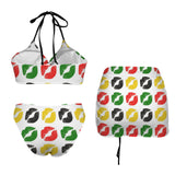 kiss of jam print Drawstring Halterneck Three-Piece Swimsuit Skirt