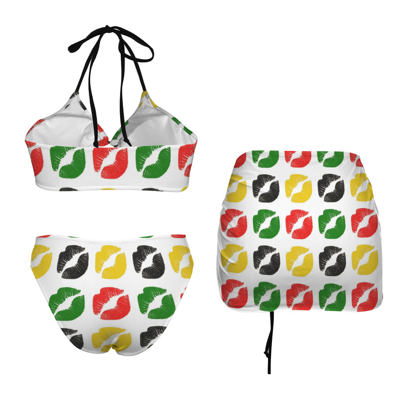 kiss of jam print Drawstring Halterneck Three-Piece Swimsuit Skirt