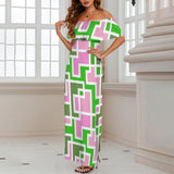 aka maze weave print Women's Off Shoulder Ruffle Boat Neck Dress (Model D71)