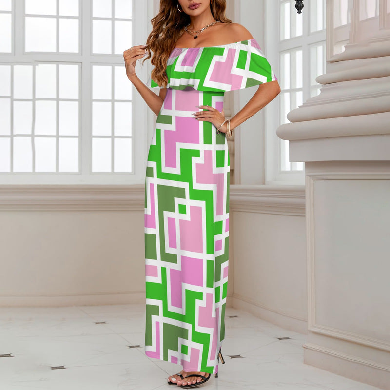 aka maze weave print Women's Off Shoulder Ruffle Boat Neck Dress (Model D71)