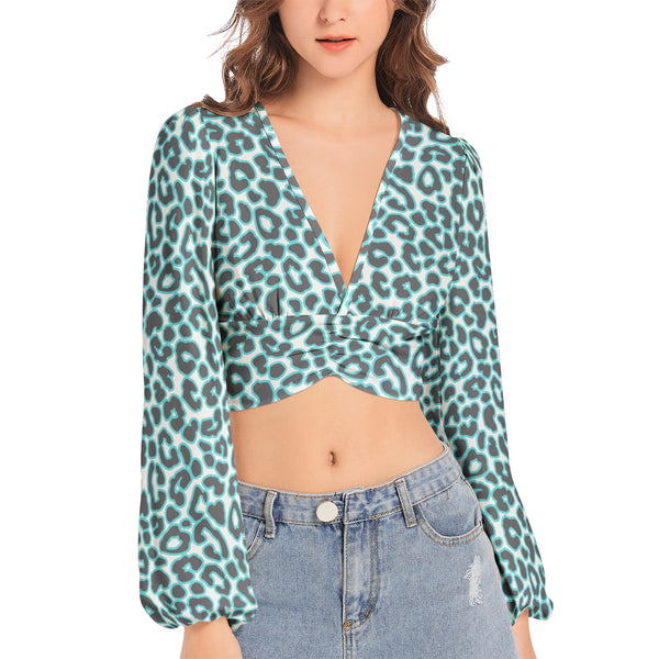 Women's Deep V-Neck Lantern Sleeve Crop Top