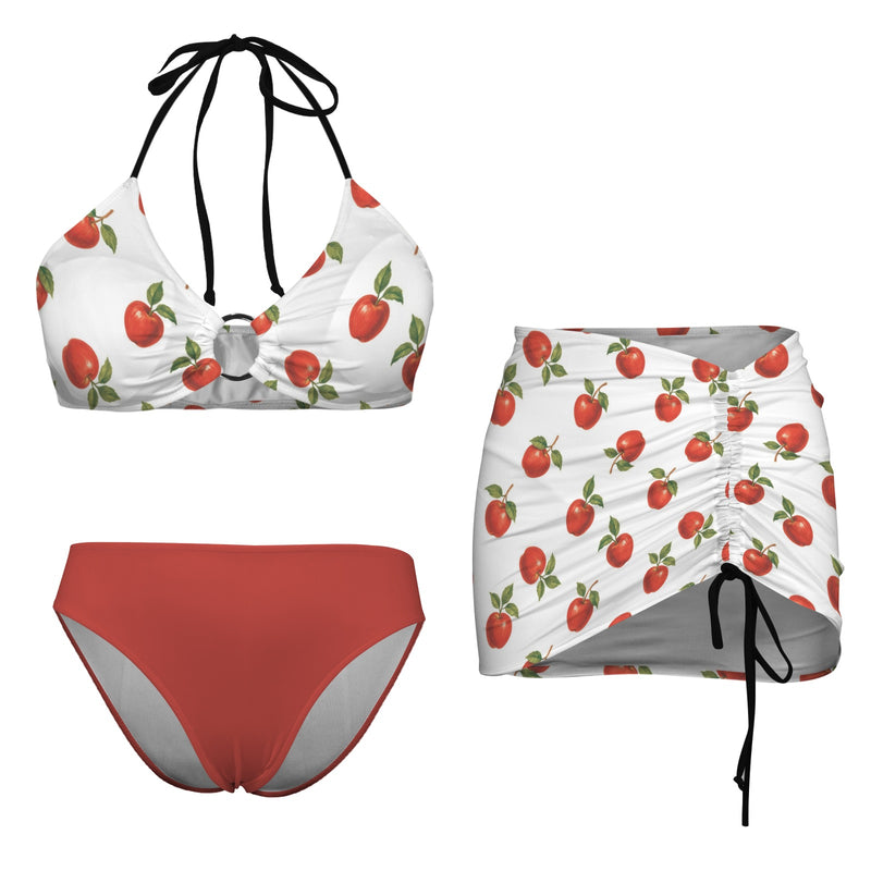 apple solid print Drawstring Halterneck Three-Piece Swimsuit Skirt
