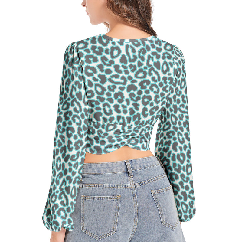 Women's Deep V-Neck Lantern Sleeve Crop Top
