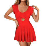 red solid print 2A Women's Ruffle Sleeve Skirted Swimsuit (Model S59)