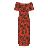 bevel black rose on rust print Women's Off Shoulder Ruffle Boat Neck Dress (Model D71)