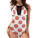 grapefruit wheel print Women's High Neck Plunge Mesh Ruched Swimsuit (S43)