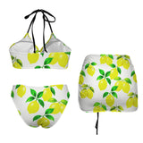 lemon drops 2 print A Drawstring Halterneck Three-Piece Swimsuit Skirt