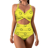 smiley face print 2A Women's Twist Front Tie Back Swimsuit (Model S57)