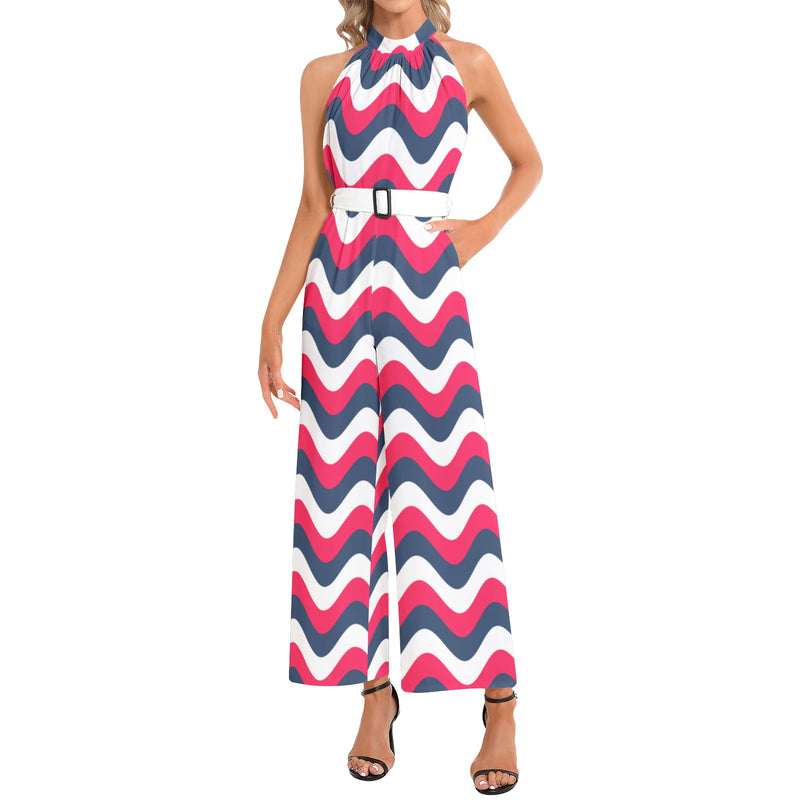 Halter Neck Buckle Belted Jumpsuit