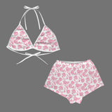 pink rose on white print 2 Women's Flannel Bikini Top & Shorts Pajamas