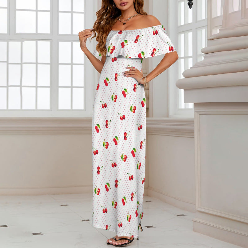 cherry print 4B Women's Off Shoulder Ruffle Boat Neck Dress (Model D71)