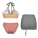 orange triangle print 3C Drawstring Halterneck Three-Piece Swimsuit Skirt