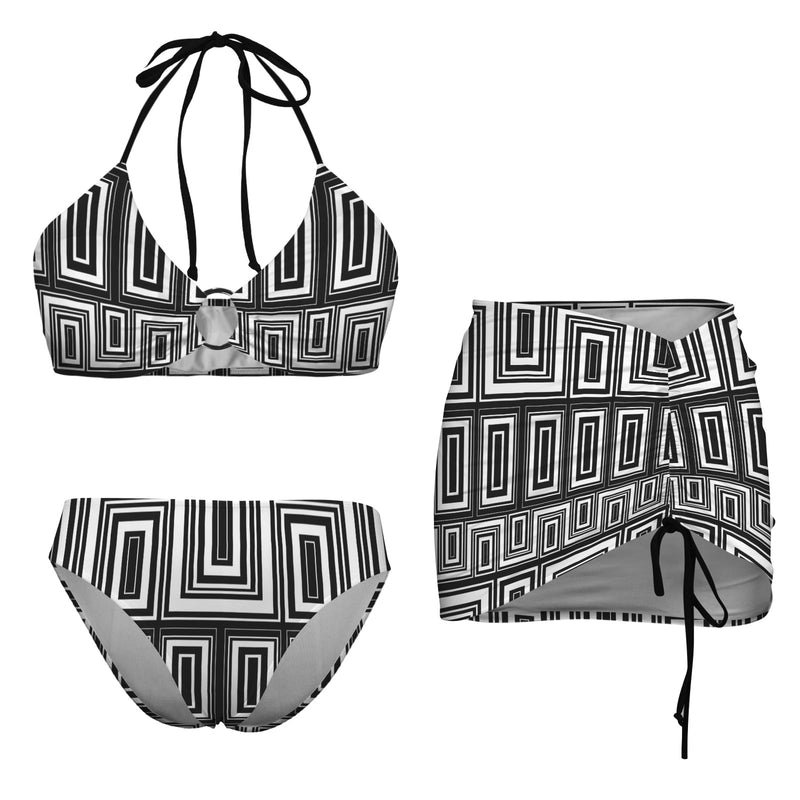 It Comes In Black Drawstring Halterneck Three-Piece Swimsuit Skirt