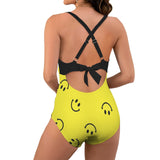 black solid print skirt Women's Twist Front Tie Back Swimsuit (Model S57)