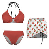 apple solid print Drawstring Halterneck Three-Piece Swimsuit Skirt