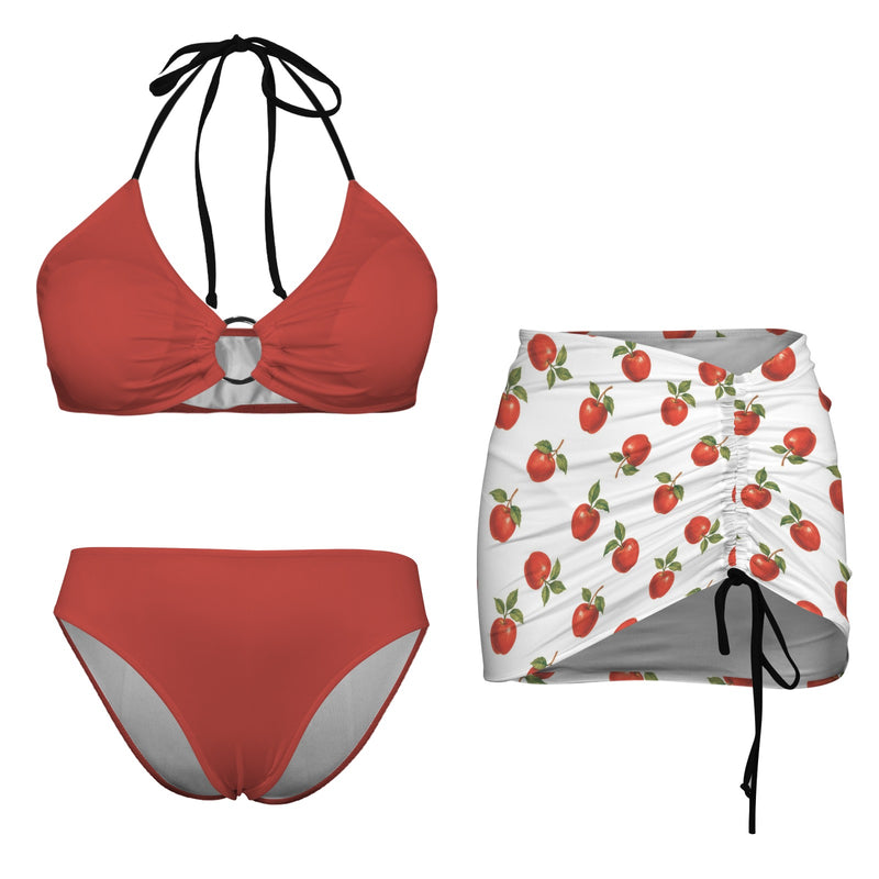 apple solid print Drawstring Halterneck Three-Piece Swimsuit Skirt