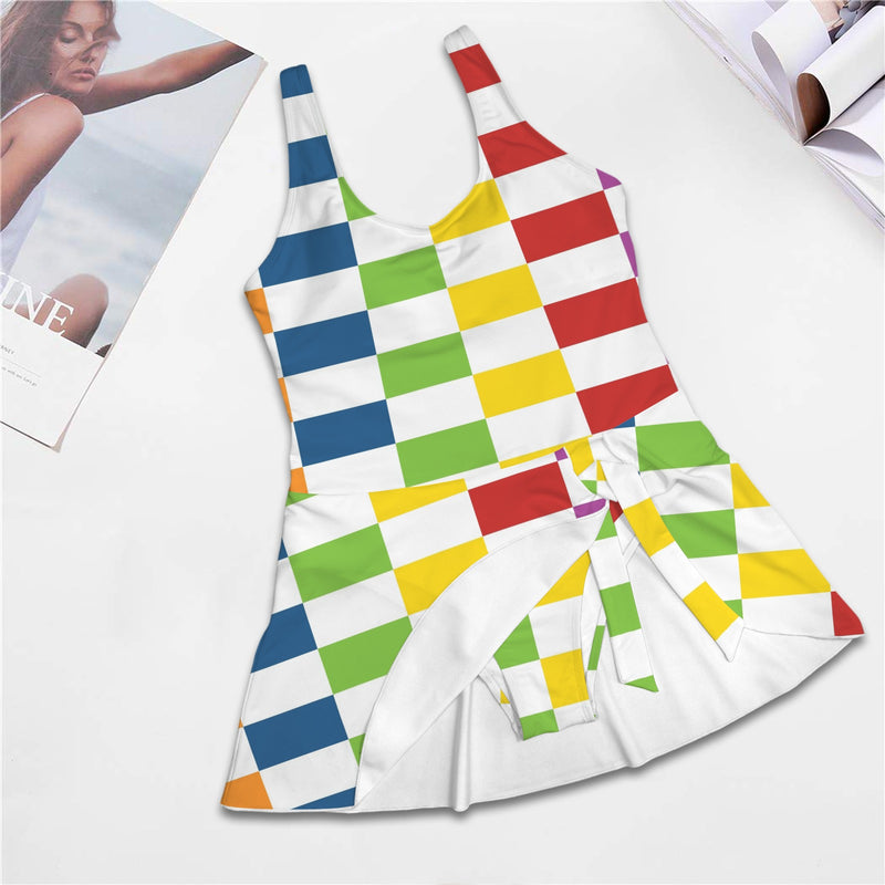 rect colored print 3A Women's One Piece Skirted Swimsuit (Model S54)