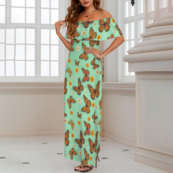 Butterfly Women's Off Shoulder Ruffle Boat Neck Dress